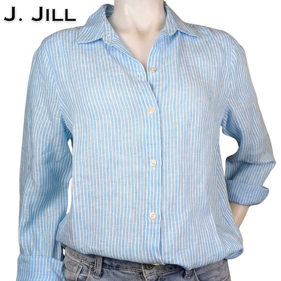 J. Jill Love Linen 100% Linen Blue White Stripe Shirt Button Down Size Small - Picture 1 of 12